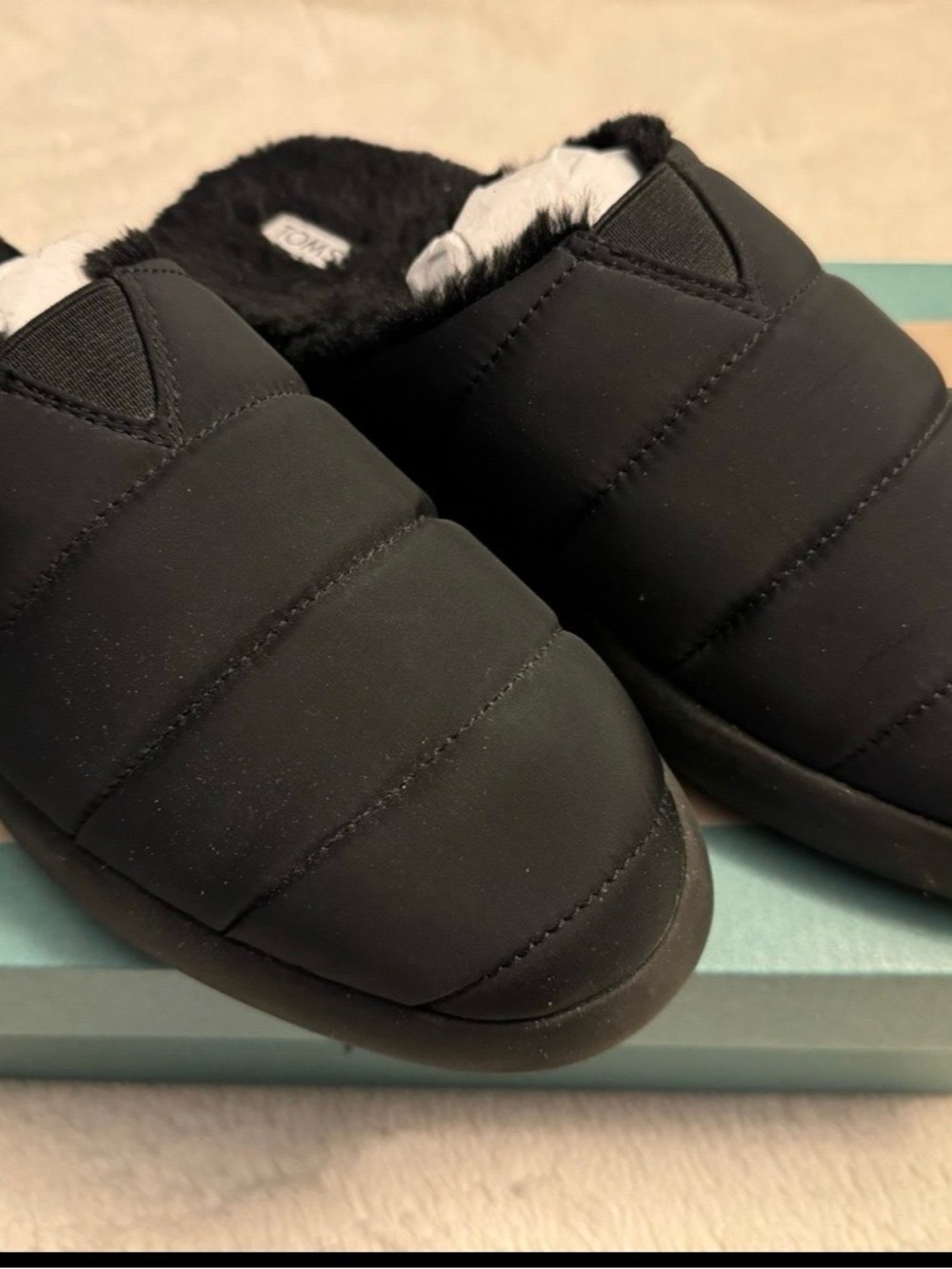 Toms Black Quilted Faux-Fur Lined Mules